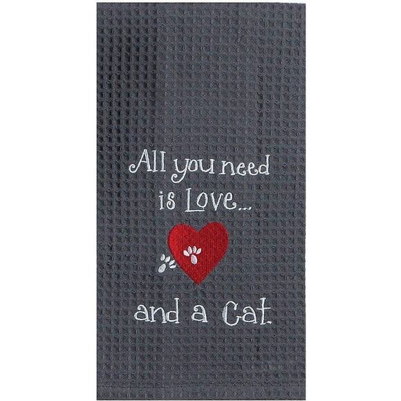 Kay Dee Designs Meow Cat Love Embroidered Gray Cotton Waffle Towel NEW - Picture 1 of 1
